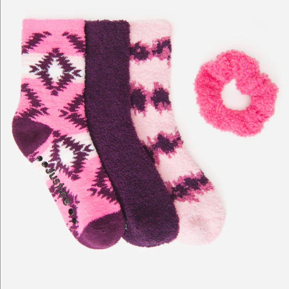 Justice Girl's 3-Pack Faux Sherpa Gripper Crew Socks Matching Hair Tie 10.5y-4